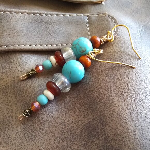 Mixed Gemstones! SouthWestern Stacked Earrings! Unique + Colorful Fall Danglers - Picture 1 of 7